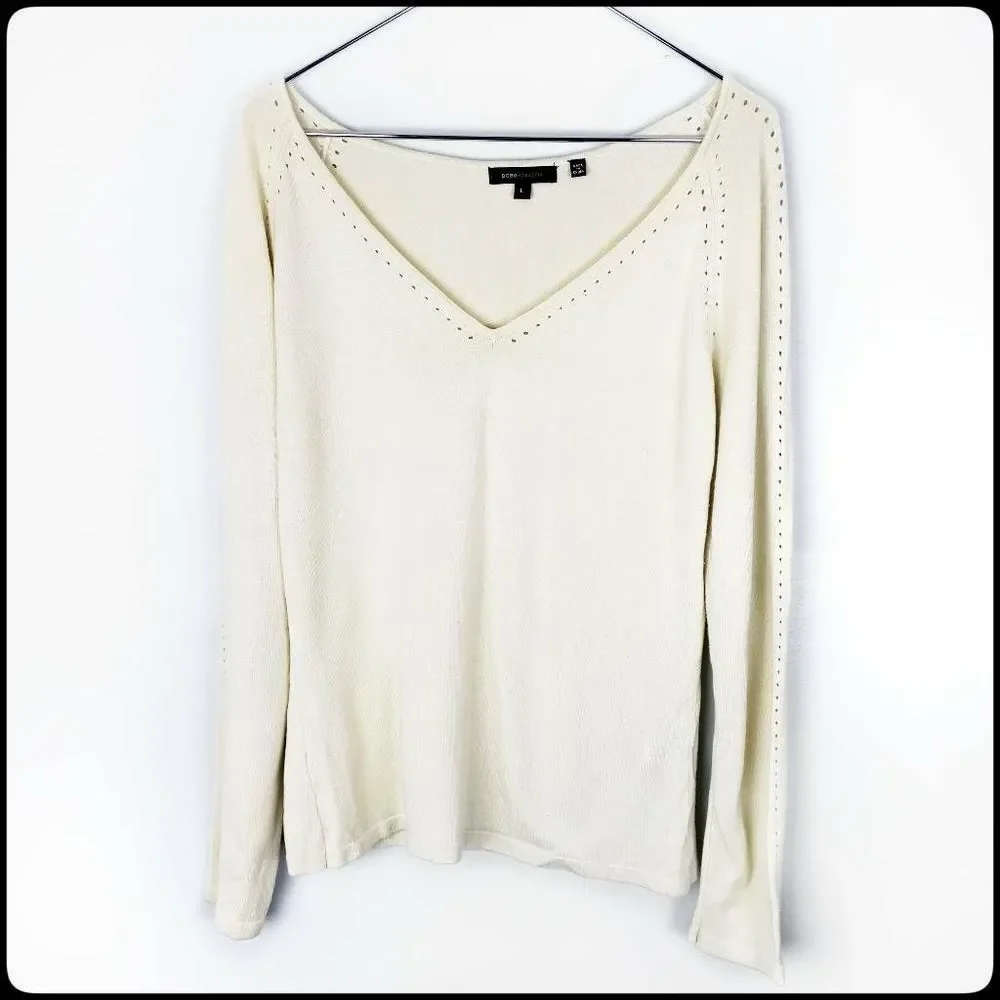 BCBG MAX AZRIA Canary Yellow Silk Eyelet Long Sleeve V Neck Knit Sweater Large - Picture 7 of 7